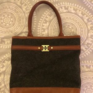 Tory Burch Brown Leather & Charcoal Felt Tote
